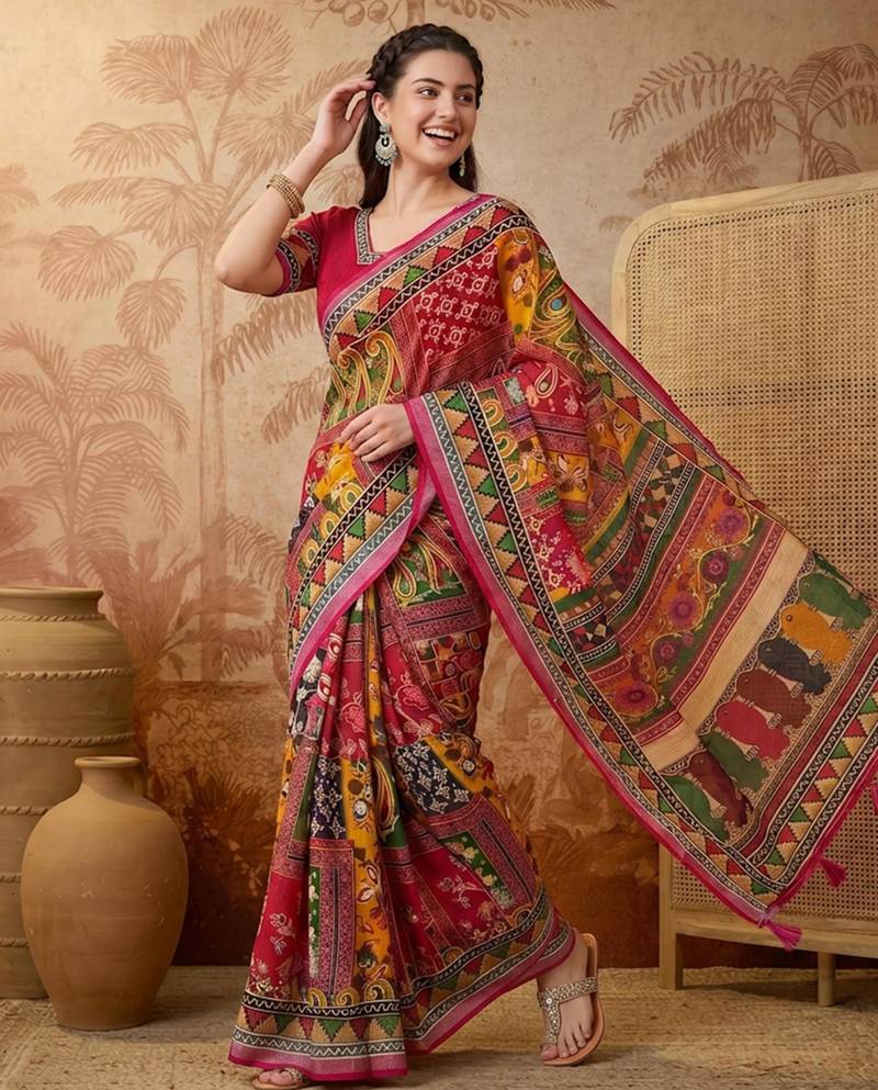 Multicolor silk blend printed saree with geometric print