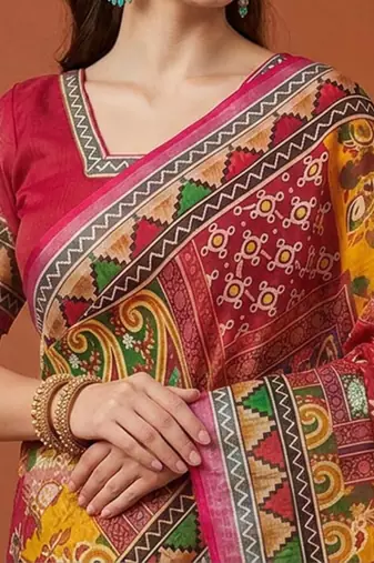 Multicolor silk blend printed saree with geometric print