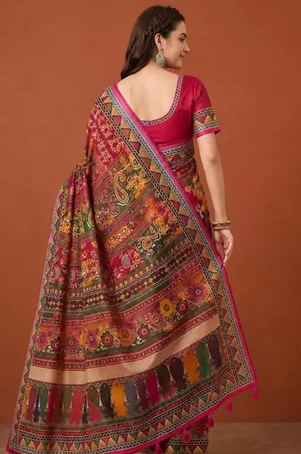 Multicolor silk blend printed saree with geometric print