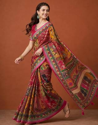 Multicolor silk blend printed saree with geometric print 4