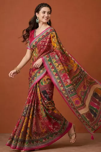 Multicolor silk blend printed saree with geometric print