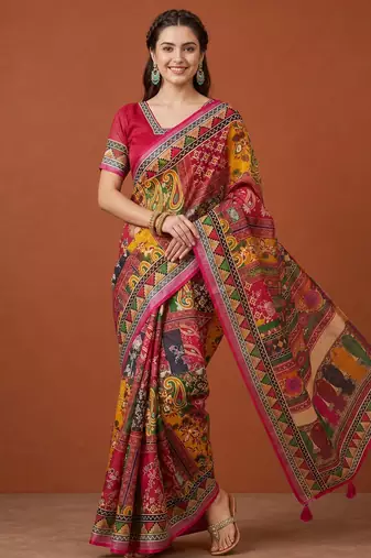 Multicolor silk blend printed saree with geometric print