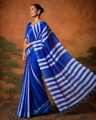 Blue silk blend printed saree with stripes print 1
