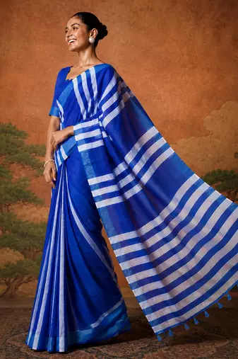 Blue silk blend printed saree with stripes print