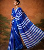Blue silk blend printed saree with stripes print
