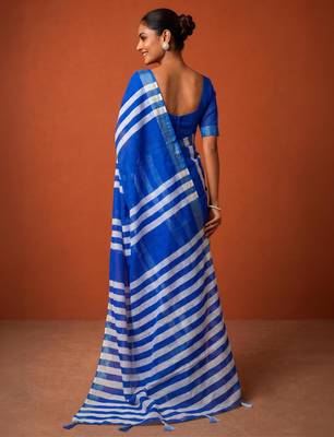 Blue silk blend printed saree with stripes print 2