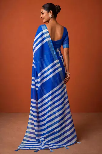 Blue silk blend printed saree with stripes print