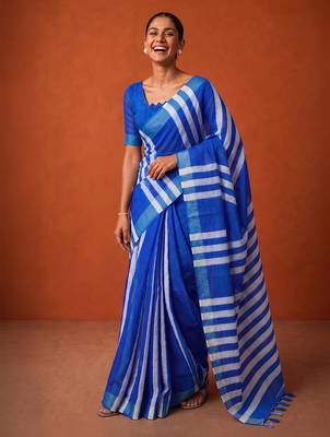 Blue silk blend printed saree with stripes print 3