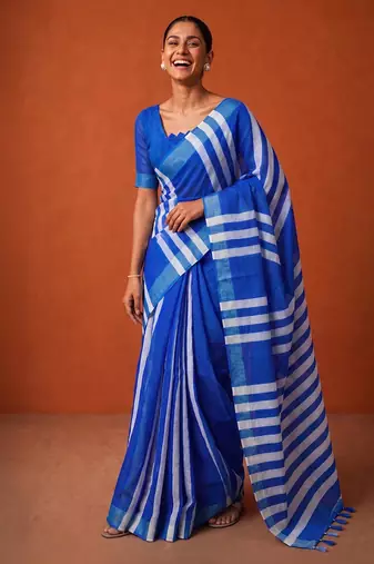 Blue silk blend printed saree with stripes print