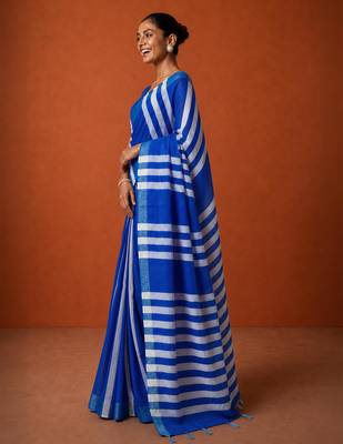 Blue silk blend printed saree with stripes print 4