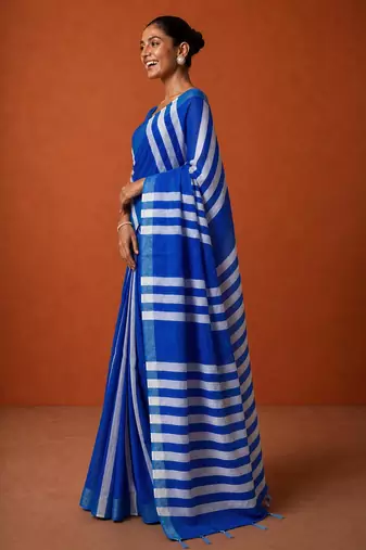 Blue silk blend printed saree with stripes print