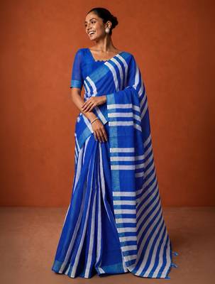 Blue silk blend printed saree with stripes print 5