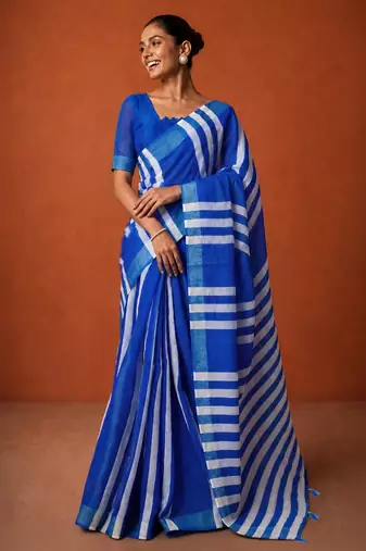 Blue silk blend printed saree with stripes print