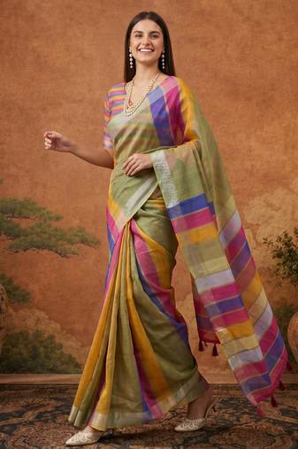 Multicolor silk blend printed saree with stripes print