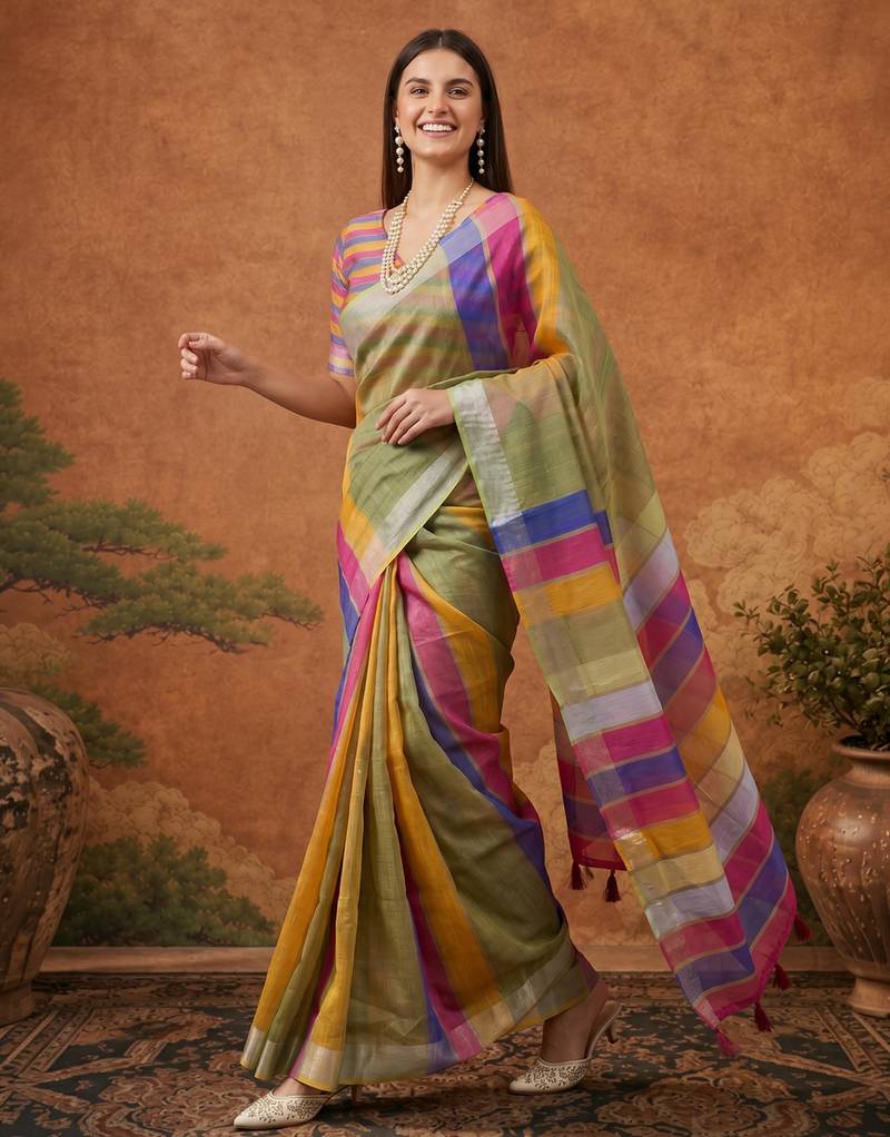 Multicolor silk blend printed saree with stripes print