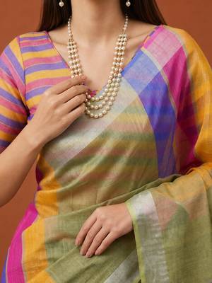 Multicolor silk blend printed saree with stripes print 2