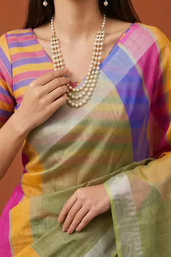 Multicolor silk blend printed saree with stripes print