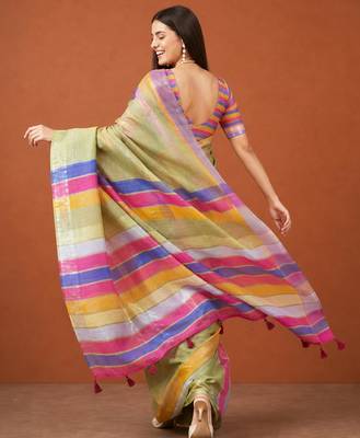 Multicolor silk blend printed saree with stripes print 3