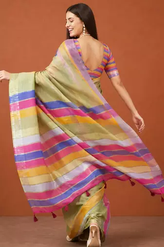 Multicolor silk blend printed saree with stripes print