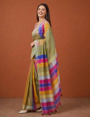 Multicolor silk blend printed saree with stripes print 4