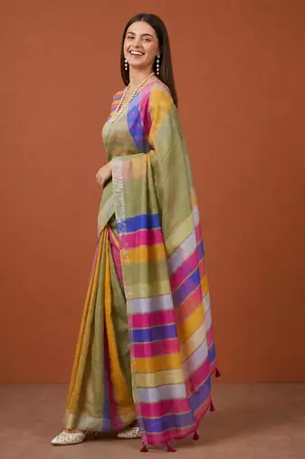 Multicolor silk blend printed saree with stripes print
