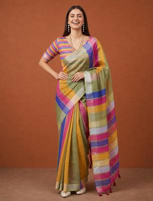 Multicolor silk blend printed saree with stripes print 5