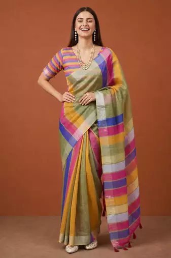 Multicolor silk blend printed saree with stripes print
