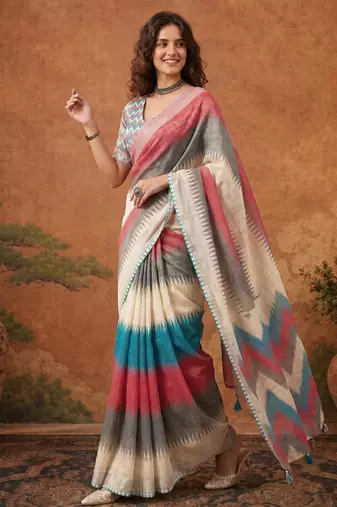 Multicolor silk blend printed saree with stripes print