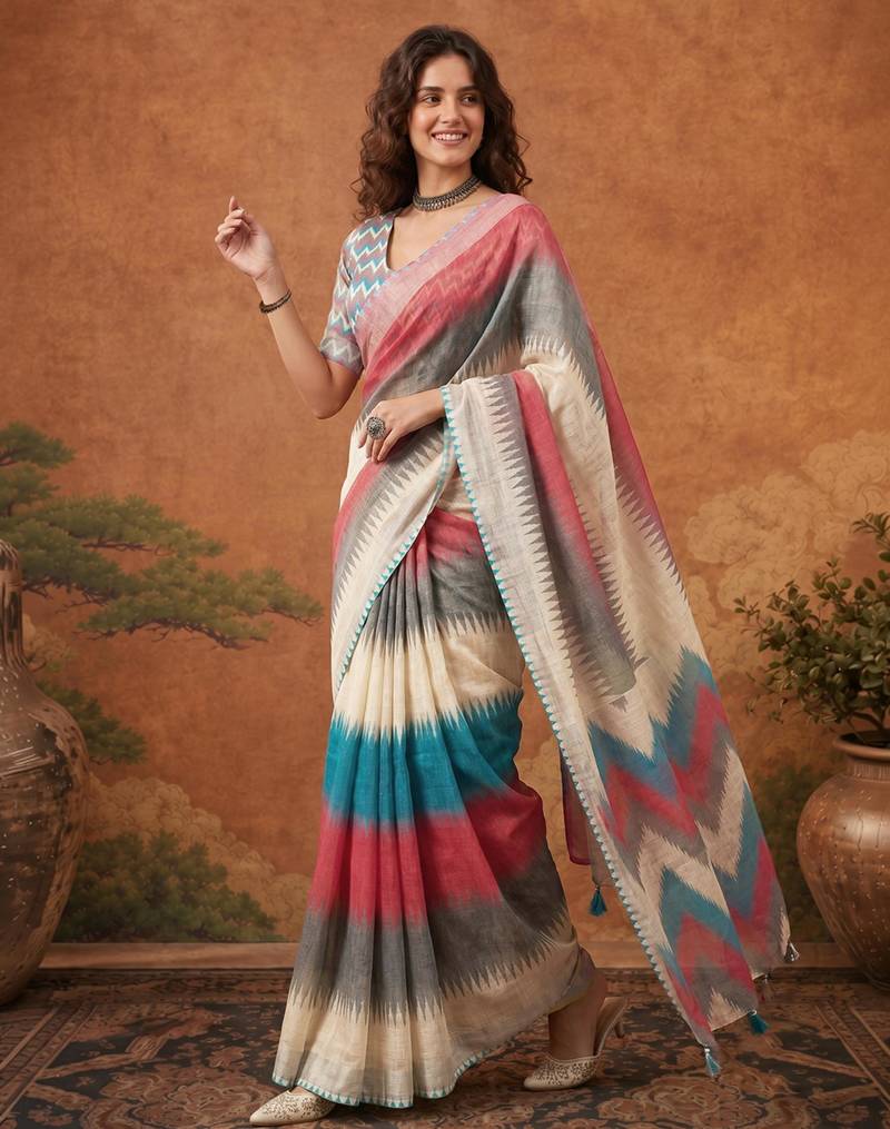 Multicolor silk blend printed saree with stripes print