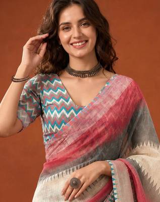 Multicolor silk blend printed saree with stripes print 2