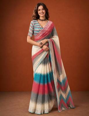 Multicolor silk blend printed saree with stripes print 3