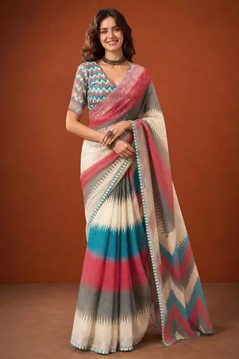 Multicolor silk blend printed saree with stripes print