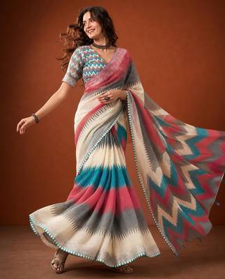 Multicolor silk blend printed saree with stripes print 4