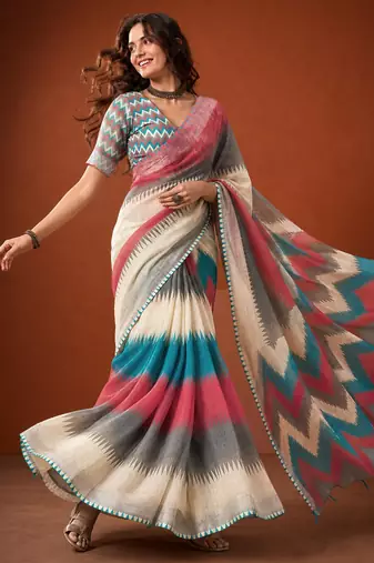 Multicolor silk blend printed saree with stripes print