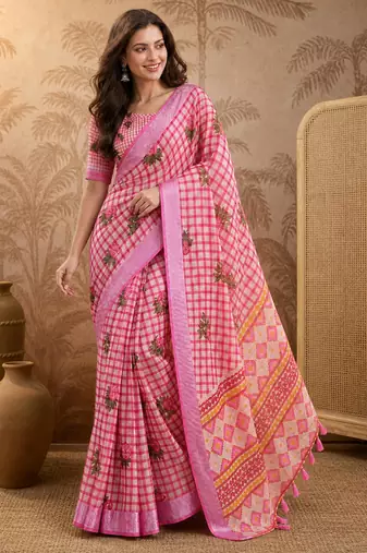 Pink silk blend printed saree with floral print