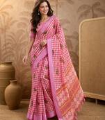 Pink silk blend printed saree with floral print