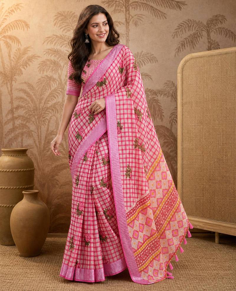 Pink silk blend printed saree with floral print
