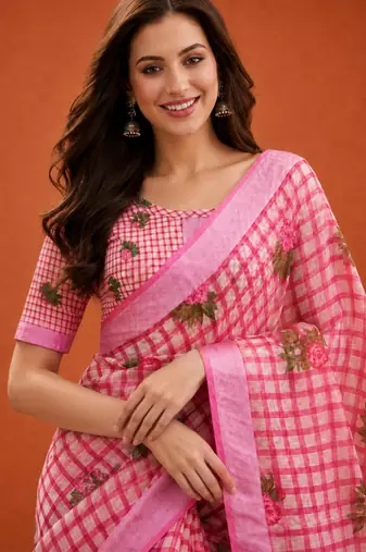 Pink silk blend printed saree with floral print