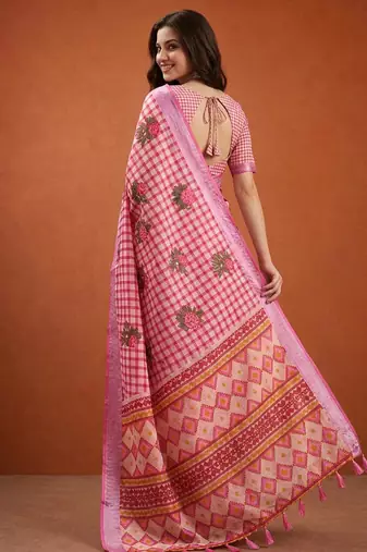 Pink silk blend printed saree with floral print