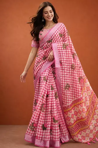Pink silk blend printed saree with floral print
