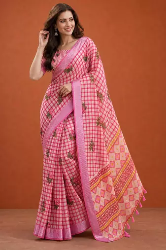 Pink silk blend printed saree with floral print
