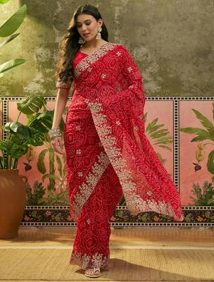 Red georgette embroidered saree with thread work 1