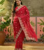 Red georgette embroidered saree with thread work