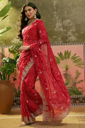 Red georgette embroidered saree with thread work