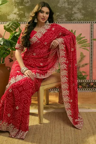 Red georgette embroidered saree with thread work