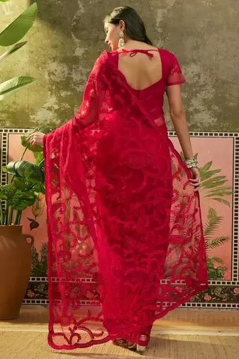 Red net embroidered saree with thread work