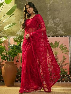 Red net embroidered saree with thread work 3