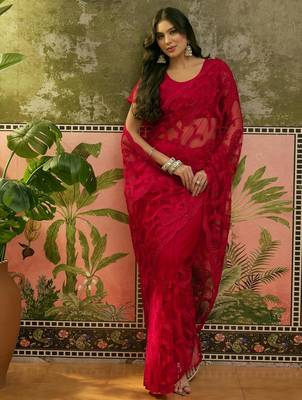 Red net embroidered saree with thread work 4