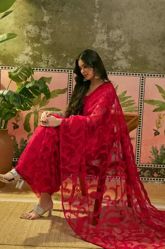 Red net embroidered saree with thread work