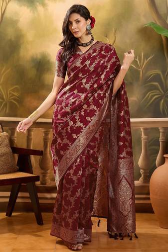 Maroon silk blend woven saree with zari work